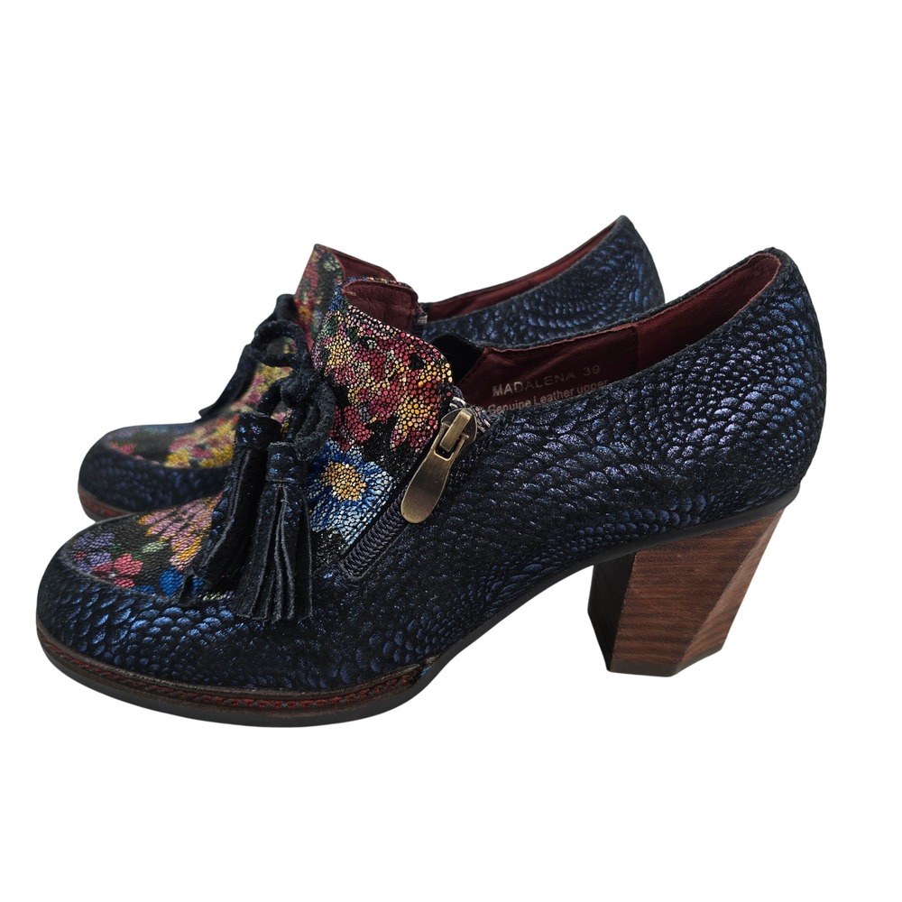 Spring Step L'Artiste Madalena Blue Metallic Floral Leather Shooties Heels 39